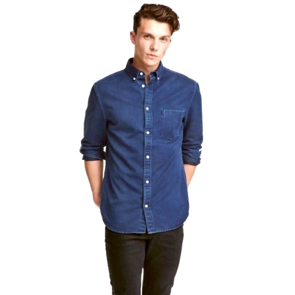 H&M Dark Wash Long Sleeved Denim Button Down Shirt, Men’s Size Medium. - Picture 2 of 9